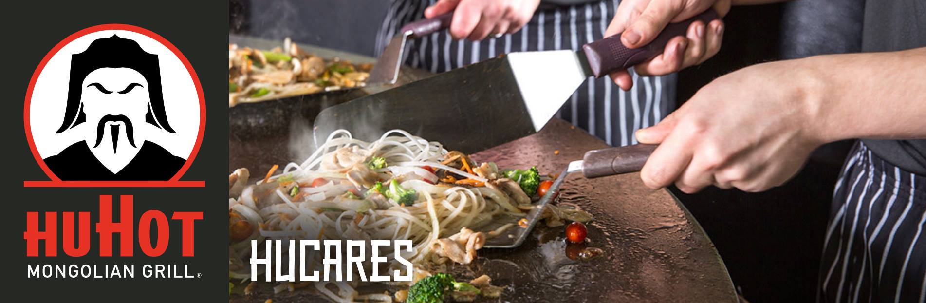 Image of HuHot Ad with text "HuCares" and image of cooking