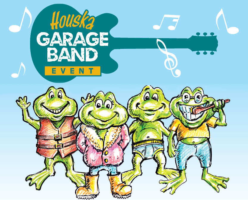 Image of 4 frogs and Houska Garage Bank Event Logo