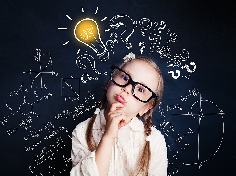 Image of little girl wearing glasses with light bulb over her head along with question marks and equations